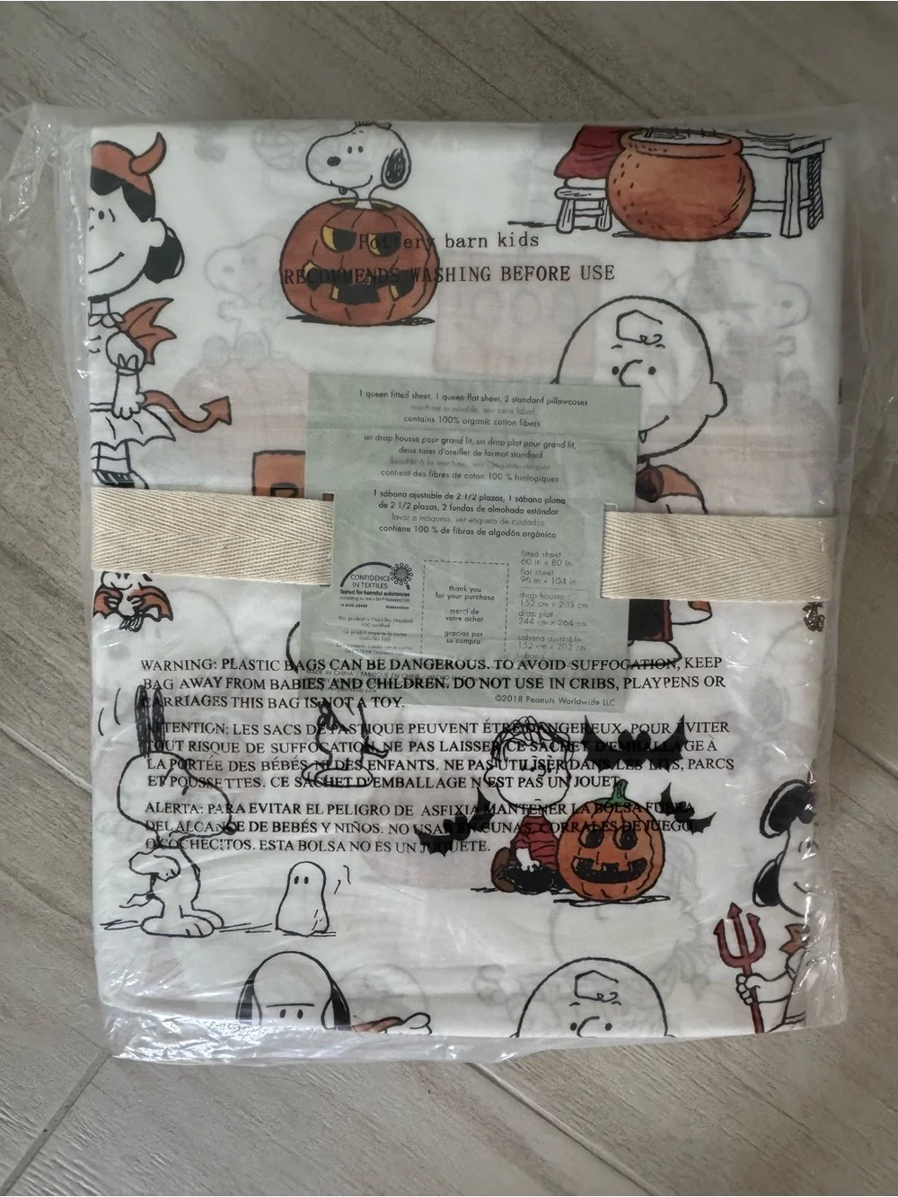 NWT Pottery Barn Kids ~Peanuts Halloween~ QUEEN Organic Snoopy Sheet Set